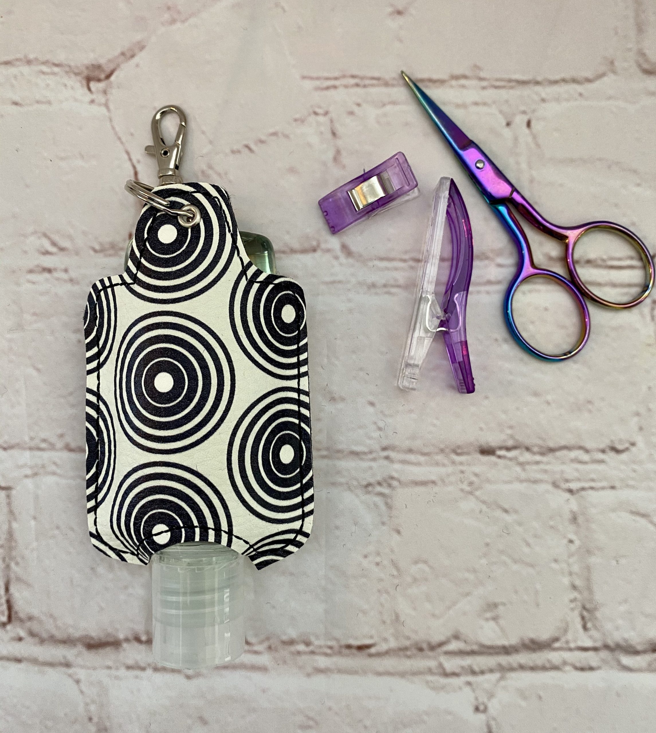 Cream and Black Circles Hand sanitiser holder, Alcohol gel cover, Back to Work Gift, Stocking filler, Stay Safe, hand sanitiser case, Hand Gel Case, Christmas gift - Image 4