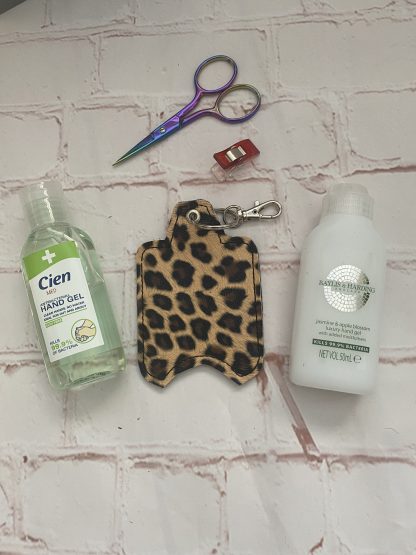 Leopard Print hand sanitiser holder, Alcohol gel cover, Vegan, re-usable, Back to School, Quirky, mum gifts, alcohol gel holder, hand sanitizer - Image 4