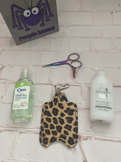 Leopard Print hand sanitiser holder, Alcohol gel cover, Vegan, re-usable, Back to School, Quirky, mum gifts, alcohol gel holder, hand sanitizer - Image 2