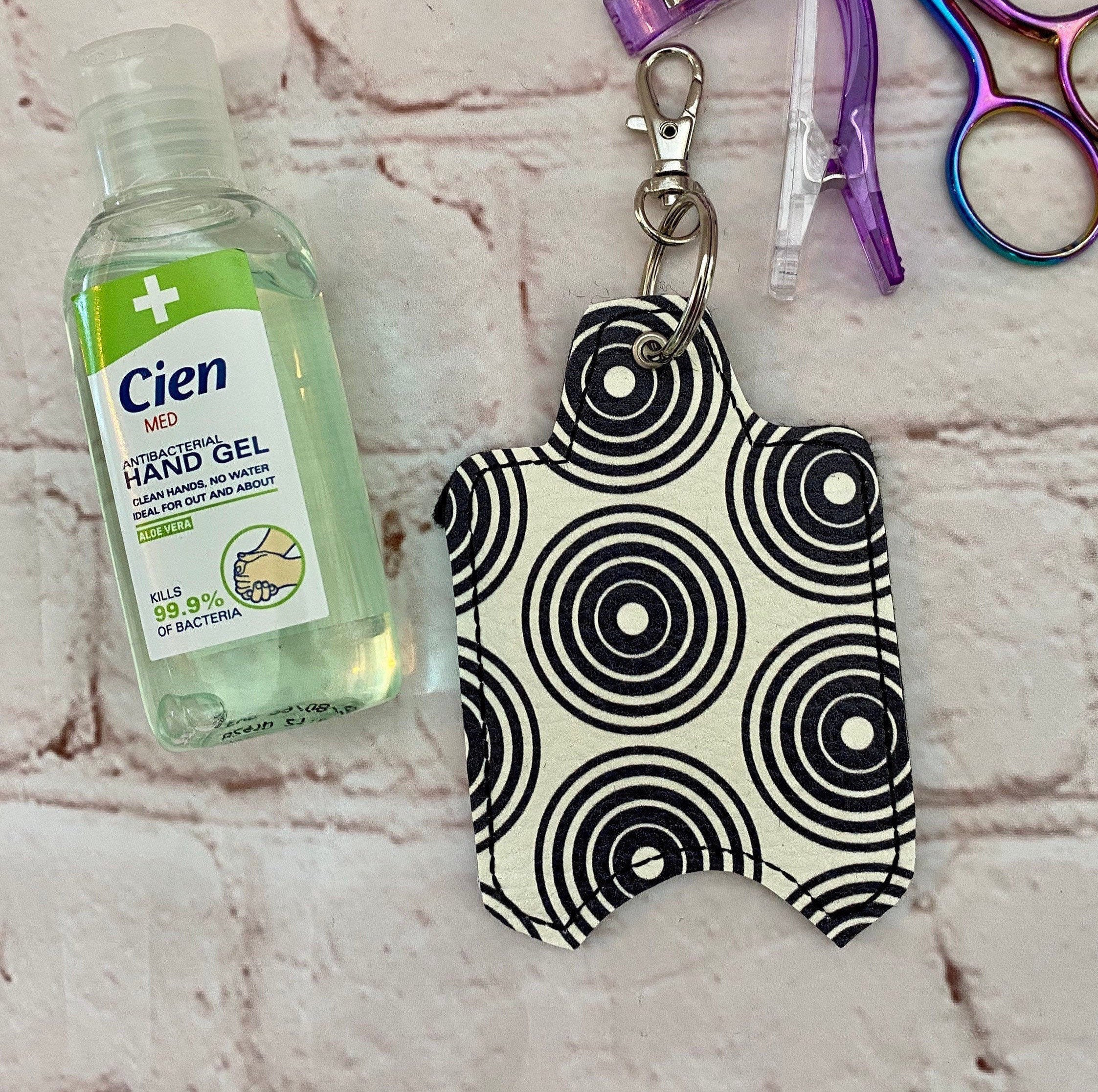 Cream and Black Circles Hand sanitiser holder, Alcohol gel cover, Back to Work Gift, Stocking filler, Stay Safe, hand sanitiser case, Hand Gel Case, Christmas gift